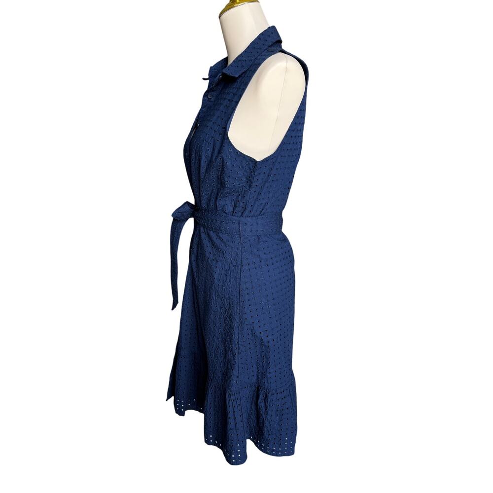 Lands' End Navy Eyelet Cotton Sleeveless Shirt Dress Belted Size 8 - Picture 5 of 10